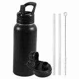 Insulated Water Bottle, 32oz Vacuum Stainless Steel Metal Sports Water Bottles with Stickers, Straw & Spout Lid (2 Lids), Double Walled to Keeps Hot and Cold, Leak Proof, BPA-Free, 32oz (Black)