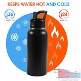 Insulated Water Bottle, 32oz Vacuum Stainless Steel Metal Sports Water Bottles with Stickers, Straw & Spout Lid (2 Lids), Double Walled to Keeps Hot and Cold, Leak Proof, BPA-Free, 32oz (Black)