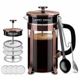French Press, Premium 8 Cup 34-Ounce No Grounds Coffee Tea Maker, 4 Level Filtration System & Extra 4 Filters Screen, 2 Spoons for Measuring and Mixing, Heat-Resistant Borosilicate Glass