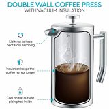 French Press Coffee Maker - Double Wall 304 Stainless Steel - 4 Level Filtration System with 2 Extra Filters, Silver, 34oz (1L)