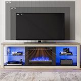 Bestier Fireplace TV Stand for TVs 75 inch TV with 23 inch Electric Fireplace, 70 inch Entertainment Center for Living Room with LED Light Glass Shelves Wash White