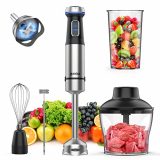 Ganiza Immersion Blender 5 in 1 Hand Blender 800W Heavy Duty Motor, 15 Speed and Turbo Mode Handheld Blender Stainless Steel Blade With 800ml Mixing Beaker, 600ml Chopper, Whisk and Milk Frother (Silver-1)