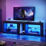 Bestier TV Stand for 70 inch TV with Power Outlets, LED Entertainment Center for PS5, Gaming TV Consoles with Glass Shelves for Living Room, 63'' Inch, Black Carbon Fiber