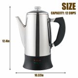 APOXCON 12 Cup Electric Coffee Percolator with ETL Certification, Stainless Steel Coffee Maker with Two Simple Glass Knobs, Cord-less Sever Portable Percolator Coffee Pot for Quick Brew